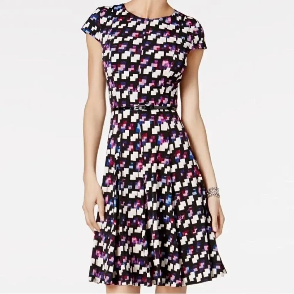 JESSICA Howard Midi Black Belted Geometric-Print A-Line Dress Size 10P